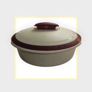 Tupperware Cream Serving Bowl with Maroon Accent Lid